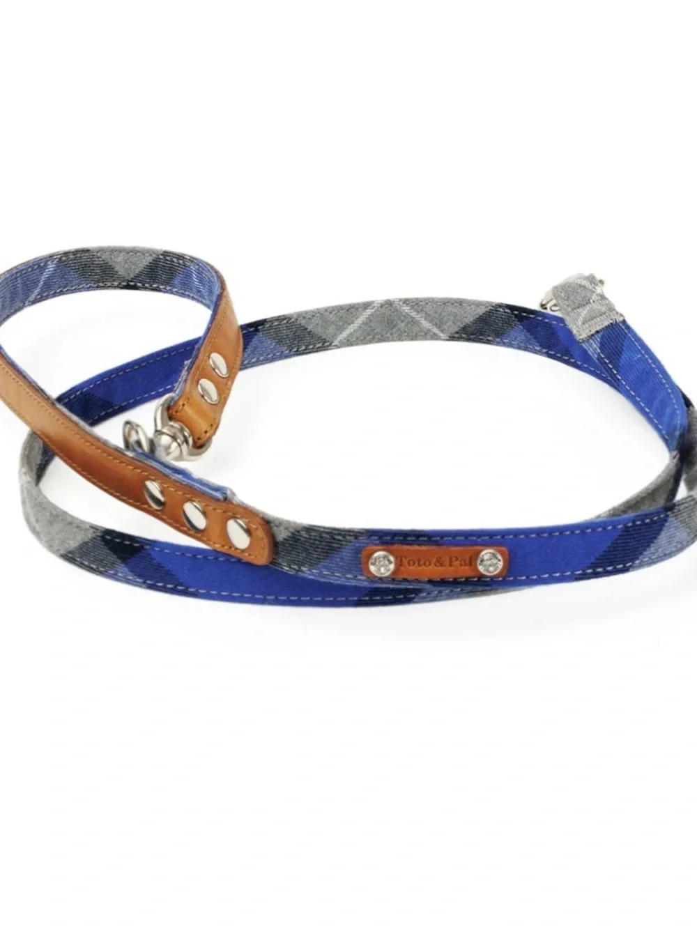 Toto & Pal Blue Plaid Dog Leash with Swarovski Crystals